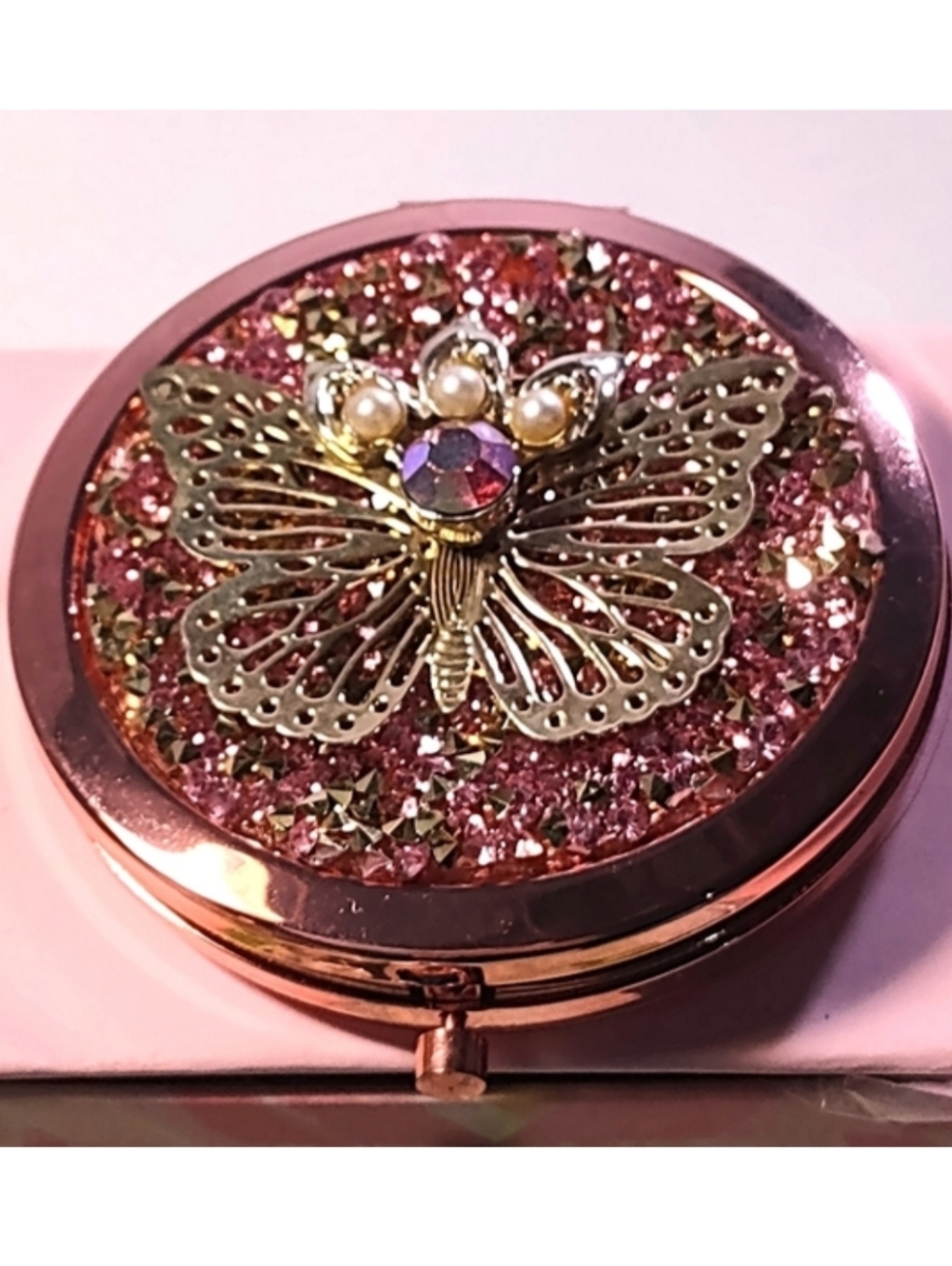 Rose Gold Embellished Butterfly Compact Makeup Mirror